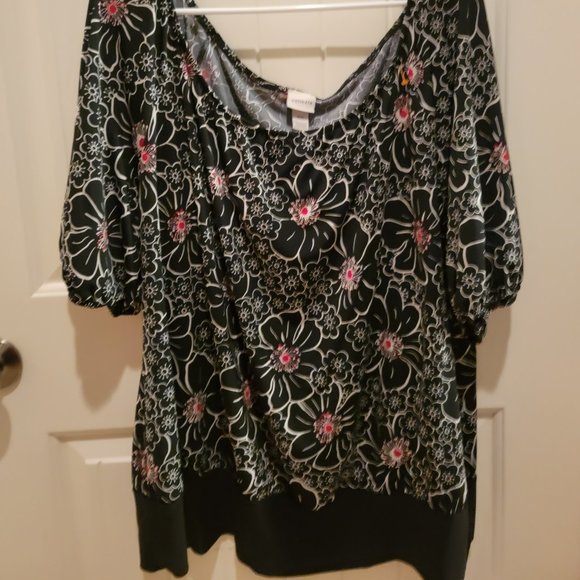 Venezia Black/White Floral Blouse with Red Accents – Cowl Neck – Size 18-20 - Picture 2 of 6